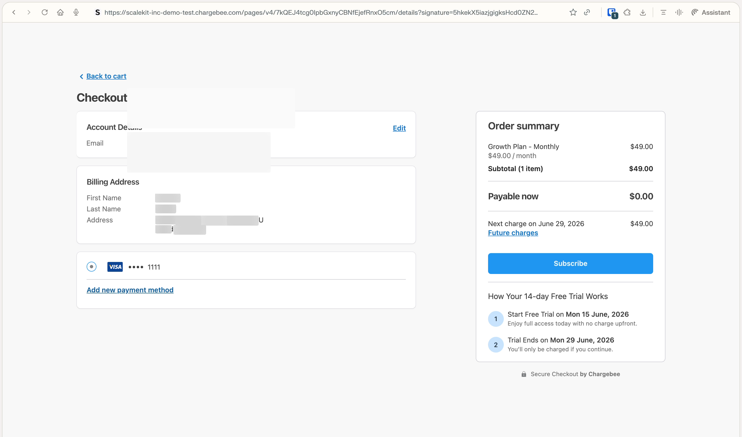 Chargebee hosted checkout: account details, payment method, and order summary