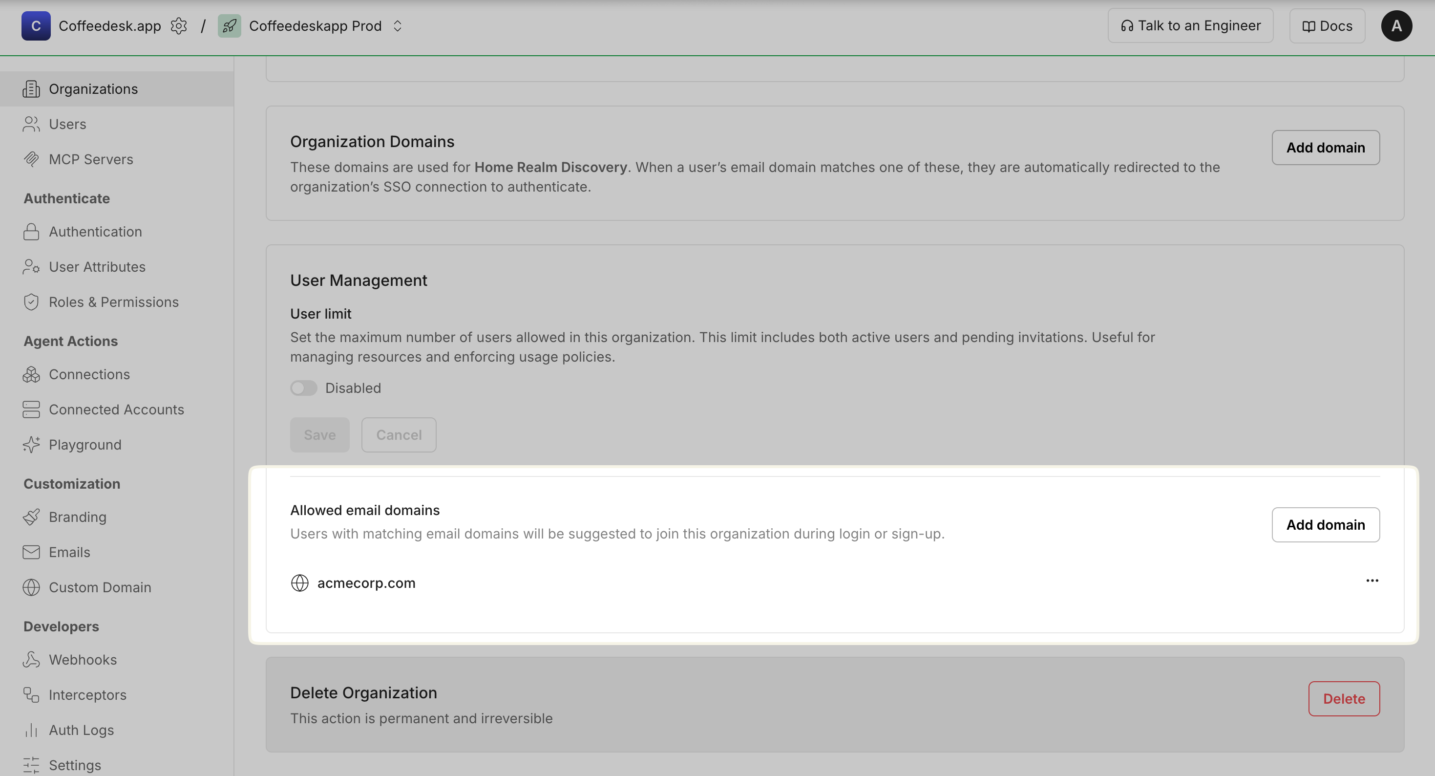 Organization settings page with the Allowed email domains section listing acmecorp.com and an Add domain button